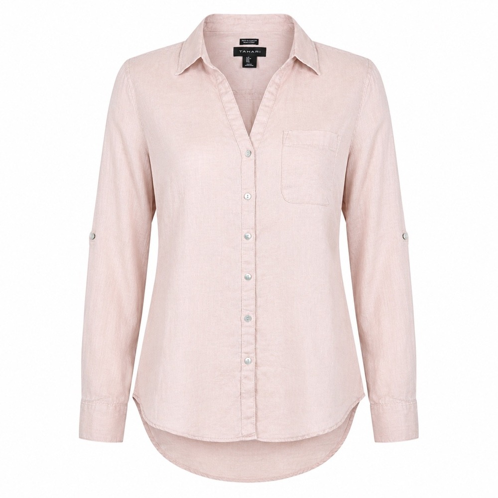 Tahari Womens Shirt L Linen Pink Button Down Roll Tab Coastal Summer Minimalist